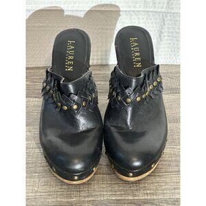 Lauren Ralph Lauren Women's Leather Black Mule Clogs SHAYLA Wood Heels Size 7.5